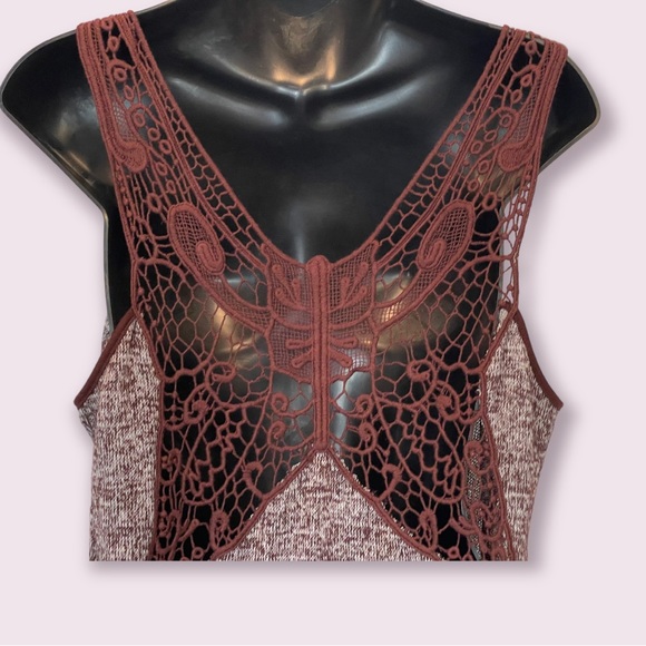 Beautiful Super Soft Knit Tank Top heathered brown with lace butterfly size XL - Picture 2 of 9
